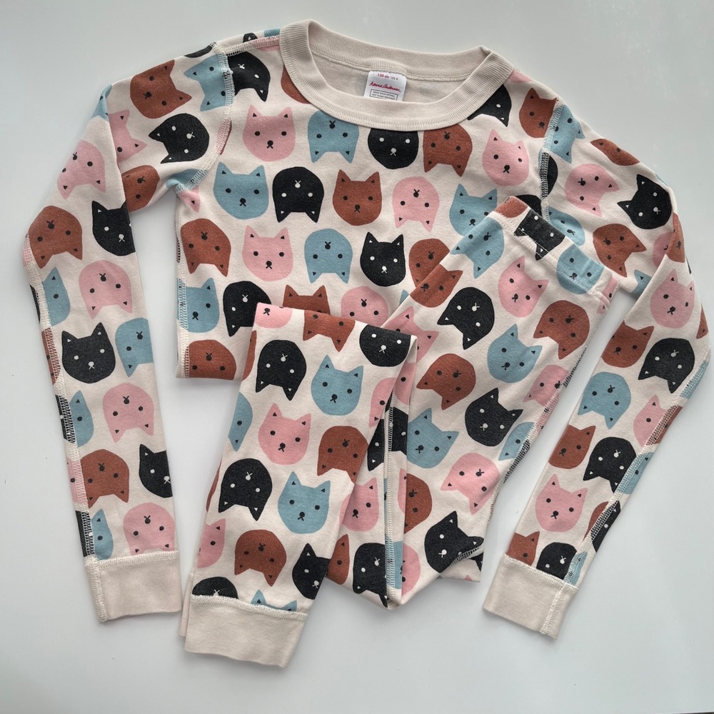 Hanna Andersson Organic Two Piece Cat Print Pajama Set Girls 8 Multicolor